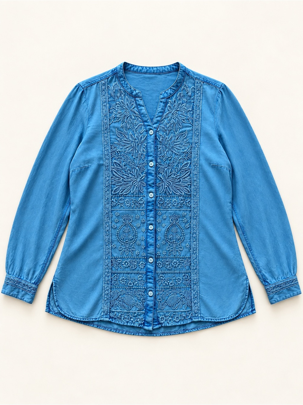 Soft Surroundings Blue Embroidered Button Front Blouse Size L